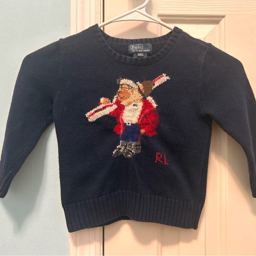 Polo Ralph Lauren Boys 2T Navy Blue Teddy Bear Sweater Crewneck Cotton Ski RARE